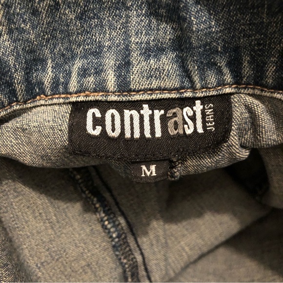 Contrast BLUE jean jacket long  button front SZ M vintage EUC pockets - Picture 5 of 7